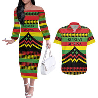 Hawaii Ku Kia'i Mauna Personalized Couples Matching Off The Shoulder Long Sleeve Dress and Hawaiian Shirt Hawaiian Kanaka Maoli Motif LT9 Green - Polynesian Pride