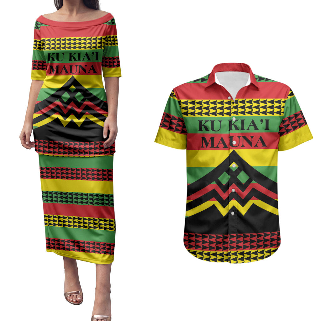 Hawaii Ku Kia'i Mauna Personalized Couples Matching Puletasi and Hawaiian Shirt Hawaiian Kanaka Maoli Motif LT9 Green - Polynesian Pride