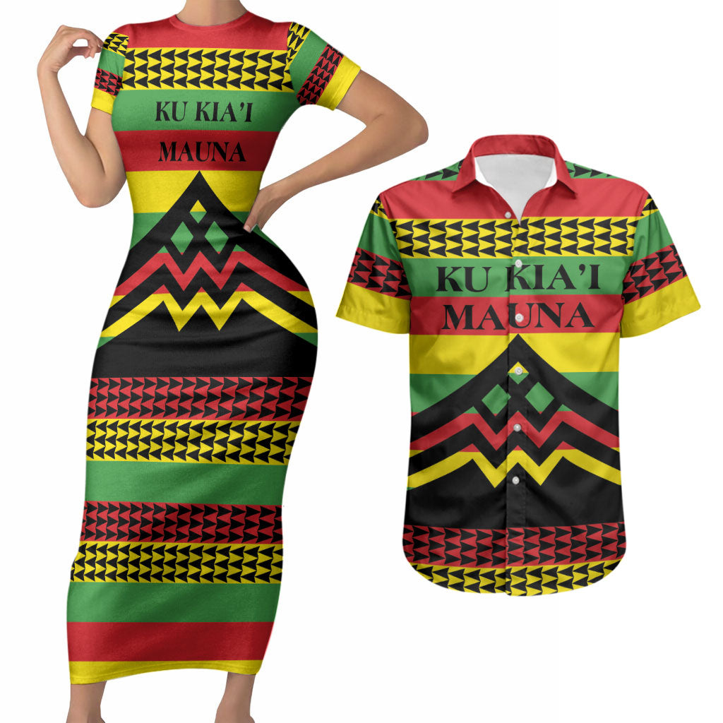 Hawaii Ku Kia'i Mauna Personalized Couples Matching Short Sleeve Bodycon Dress and Hawaiian Shirt Hawaiian Kanaka Maoli Motif LT9 Green - Polynesian Pride