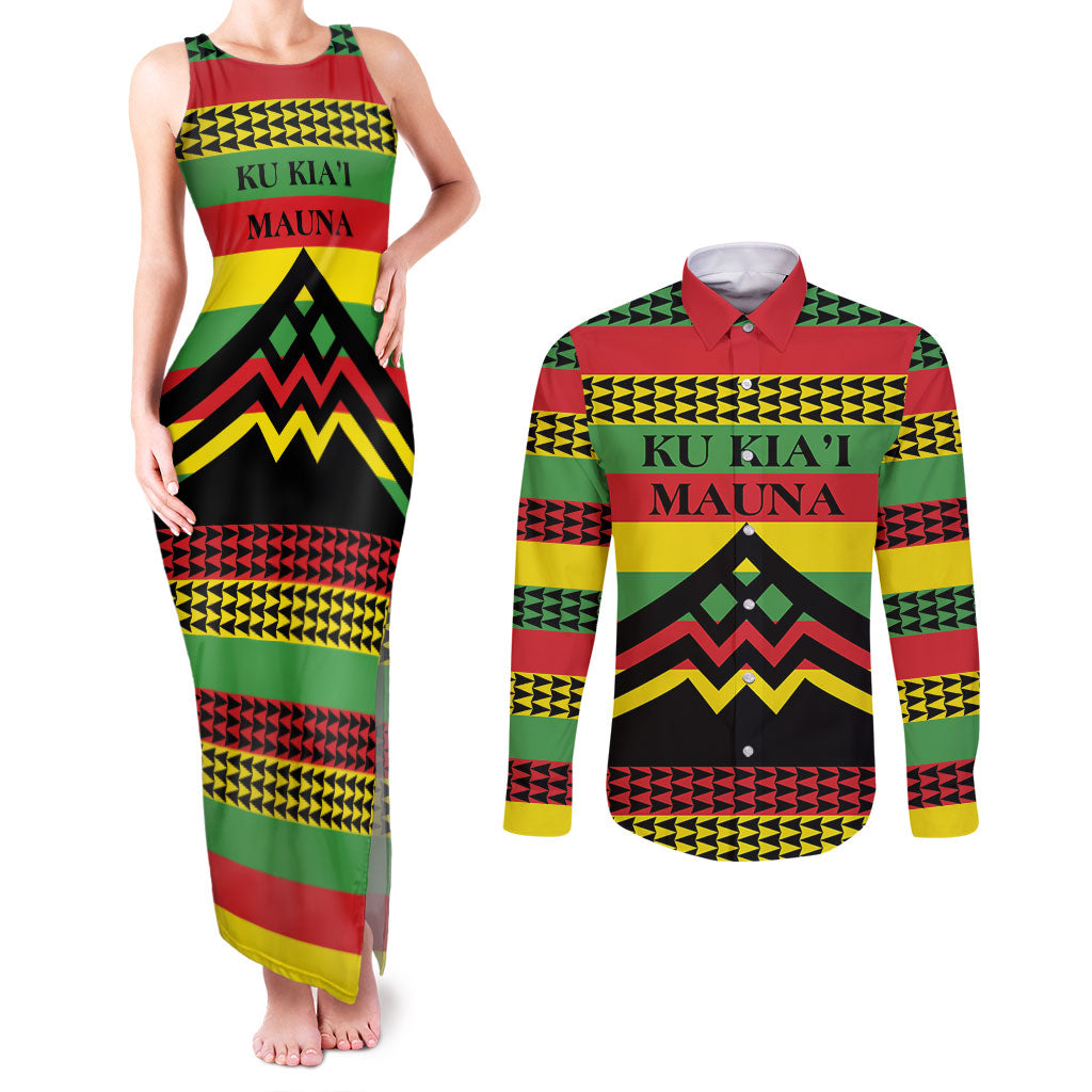 Hawaii Ku Kia'i Mauna Personalized Couples Matching Tank Maxi Dress and Long Sleeve Button Shirt Hawaiian Kanaka Maoli Motif LT9 Green - Polynesian Pride