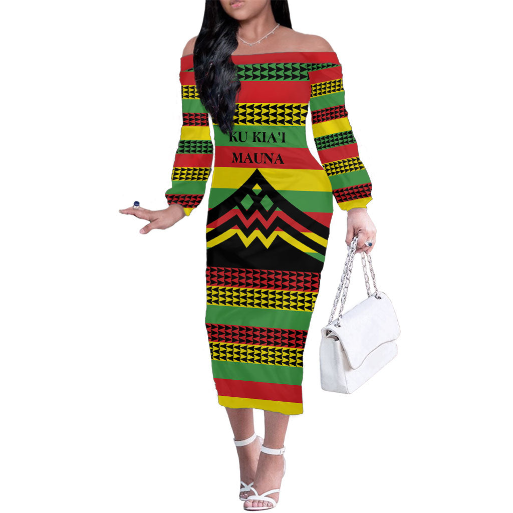 Hawaii Ku Kia'i Mauna Personalized Family Matching Off The Shoulder Long Sleeve Dress and Hawaiian Shirt Hawaiian Kanaka Maoli Motif LT9 Mom's Dress Green - Polynesian Pride
