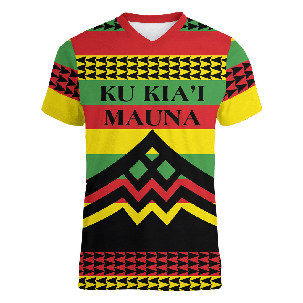 Hawaii Ku Kia'i Mauna Personalized Women V-Neck T-Shirt Hawaiian Kanaka Maoli Motif