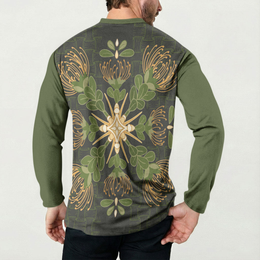 Hawaii Ohia Lehua Squares Button Sweatshirt Hawaiian Quilt Inspired Floral Pattern