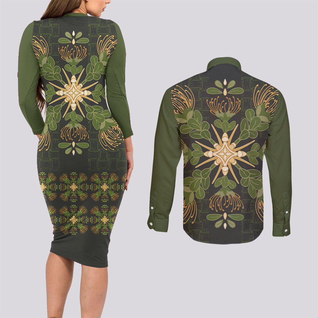 Hawaii Ohia Lehua Squares Couples Matching Long Sleeve Bodycon Dress and Long Sleeve Button Shirt Hawaiian Quilt Inspired Floral Pattern