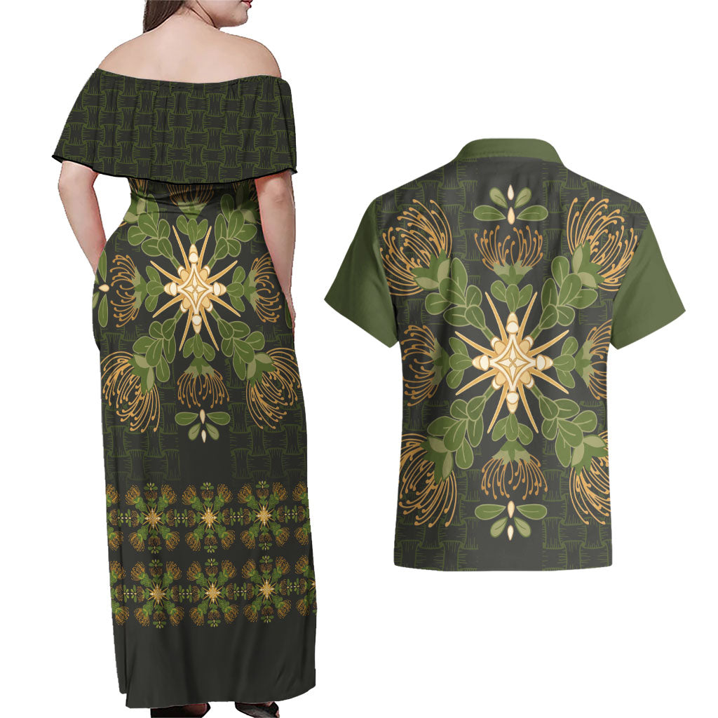 Hawaii Ohia Lehua Squares Couples Matching Off Shoulder Maxi Dress and Hawaiian Shirt Hawaiian Quilt Inspired Floral Pattern