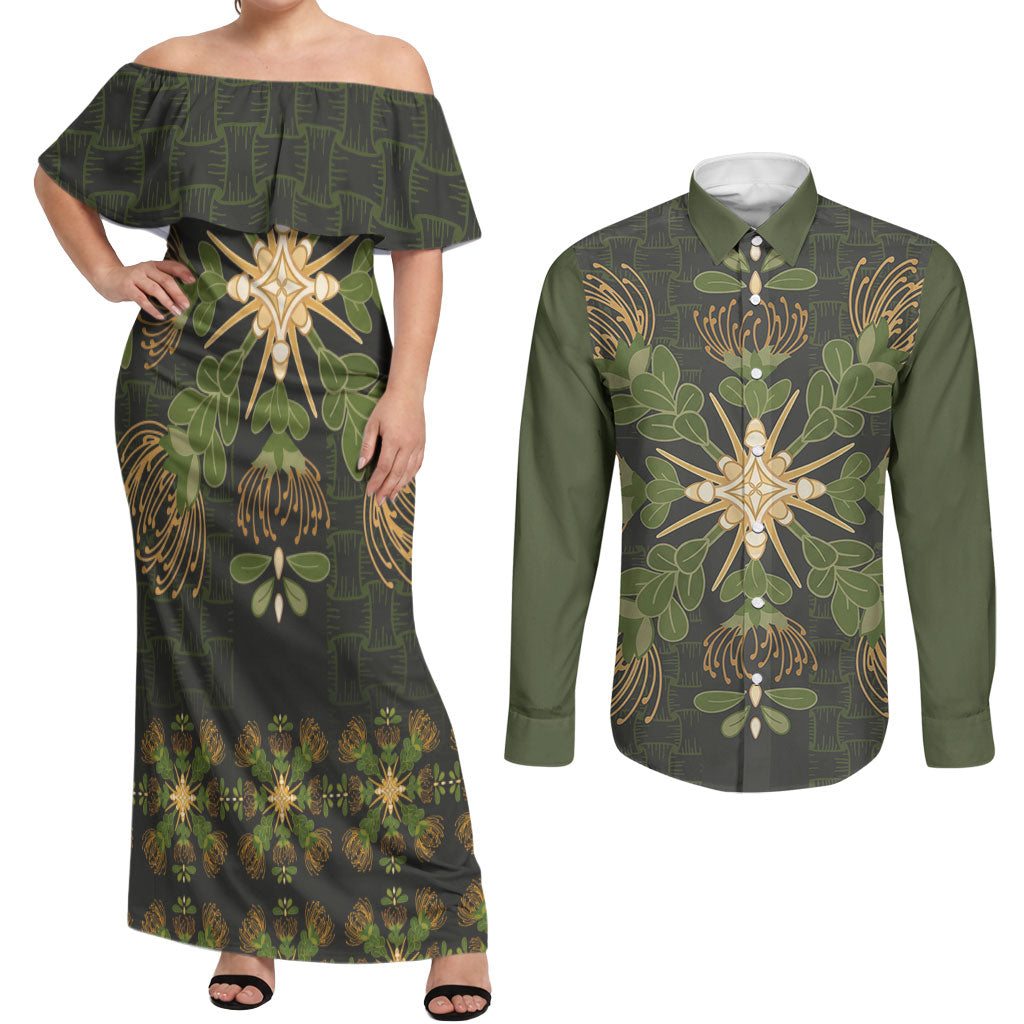 Hawaii Ohia Lehua Squares Couples Matching Off Shoulder Maxi Dress and Long Sleeve Button Shirt Hawaiian Quilt Inspired Floral Pattern LT9 Green - Polynesian Pride