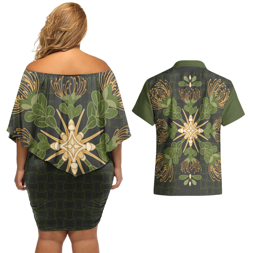 Hawaii Ohia Lehua Squares Couples Matching Off Shoulder Short Dress and Hawaiian Shirt Hawaiian Quilt Inspired Floral Pattern