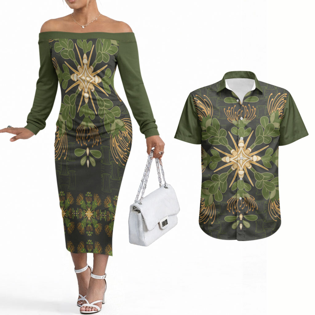 Hawaii Ohia Lehua Squares Couples Matching Off The Shoulder Long Sleeve Dress and Hawaiian Shirt Hawaiian Quilt Inspired Floral Pattern LT9 Green - Polynesian Pride