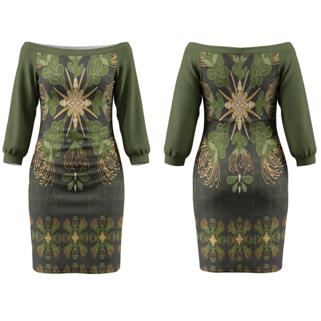 Hawaii Ohia Lehua Squares Couples Matching Off The Shoulder Long Sleeve Dress and Long Sleeve Button Shirt Hawaiian Quilt Inspired Floral Pattern LT9 - Polynesian Pride