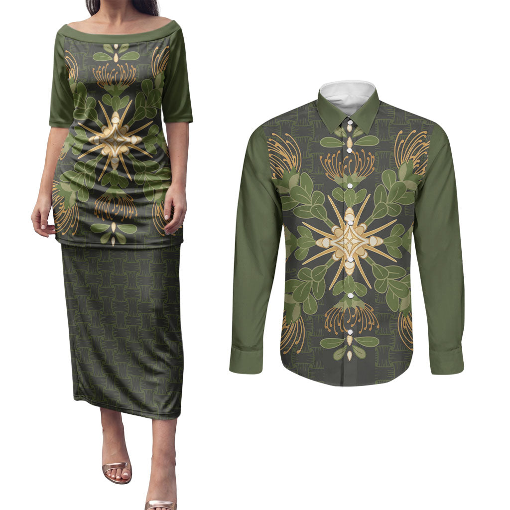 Hawaii Ohia Lehua Squares Couples Matching Puletasi and Long Sleeve Button Shirt Hawaiian Quilt Inspired Floral Pattern LT9 Green - Polynesian Pride