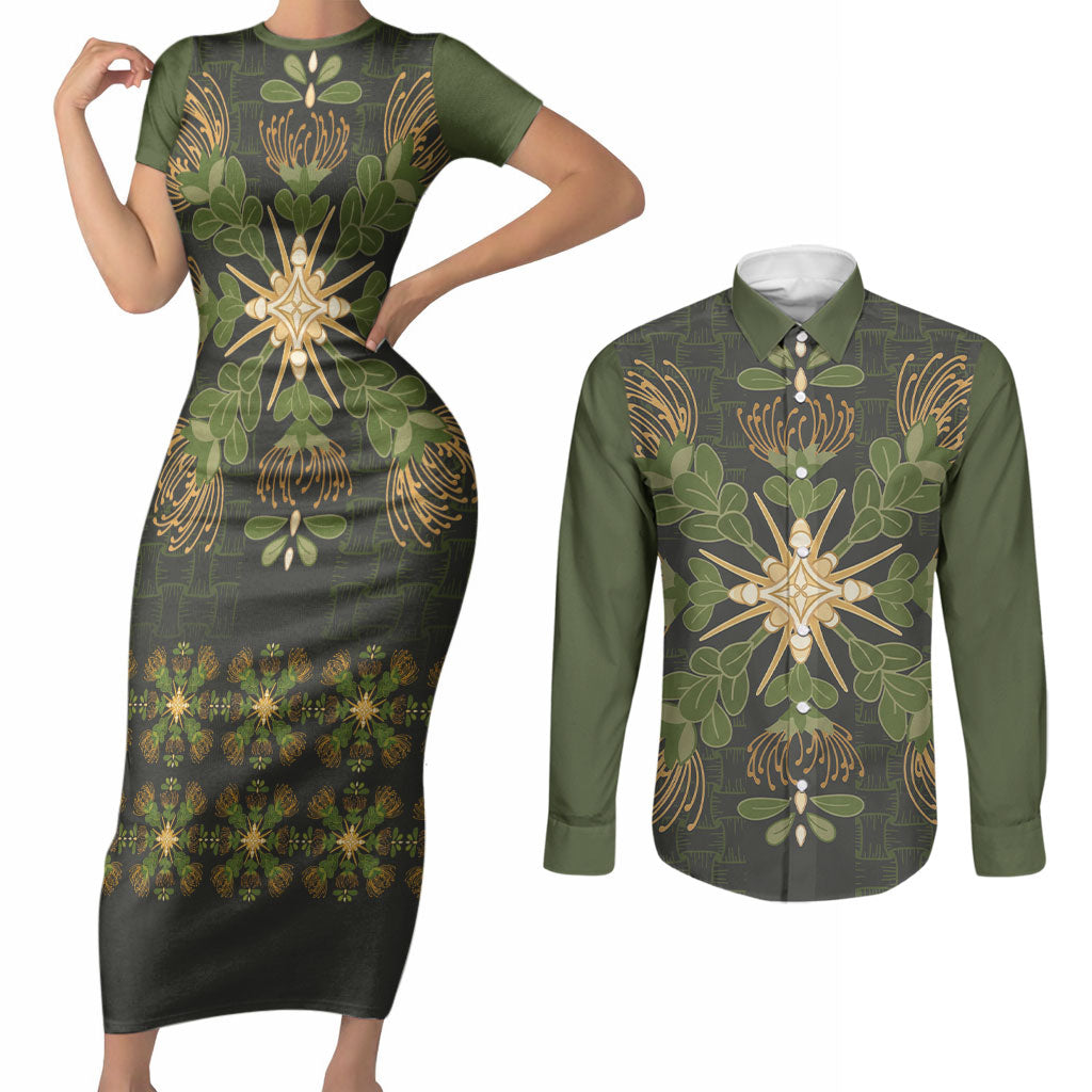 Hawaii Ohia Lehua Squares Couples Matching Short Sleeve Bodycon Dress and Long Sleeve Button Shirt Hawaiian Quilt Inspired Floral Pattern LT9 Green - Polynesian Pride