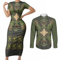 Hawaii Ohia Lehua Squares Couples Matching Short Sleeve Bodycon Dress and Long Sleeve Button Shirt Hawaiian Quilt Inspired Floral Pattern LT9 Green - Polynesian Pride