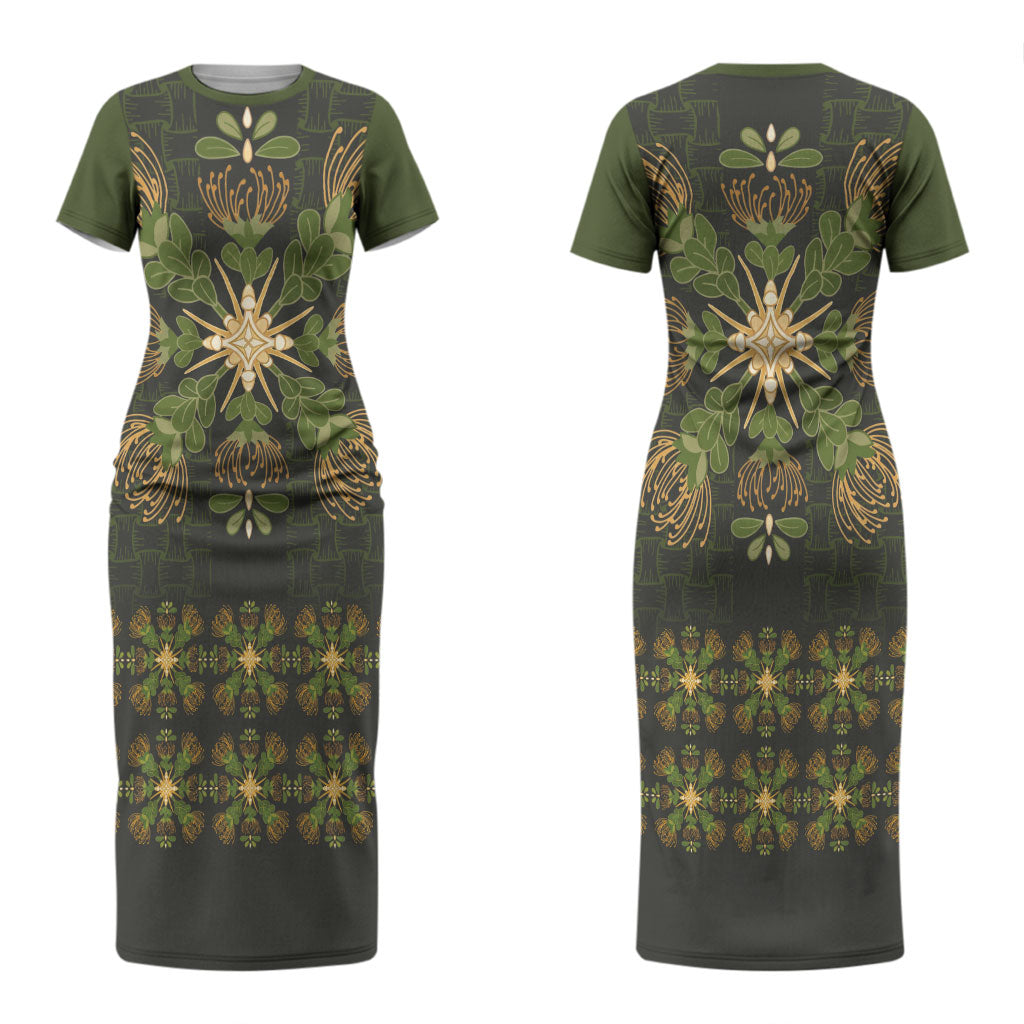 Hawaii Ohia Lehua Squares Couples Matching Short Sleeve Bodycon Dress and Long Sleeve Button Shirt Hawaiian Quilt Inspired Floral Pattern LT9 - Polynesian Pride