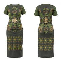 Hawaii Ohia Lehua Squares Couples Matching Short Sleeve Bodycon Dress and Long Sleeve Button Shirt Hawaiian Quilt Inspired Floral Pattern LT9 - Polynesian Pride