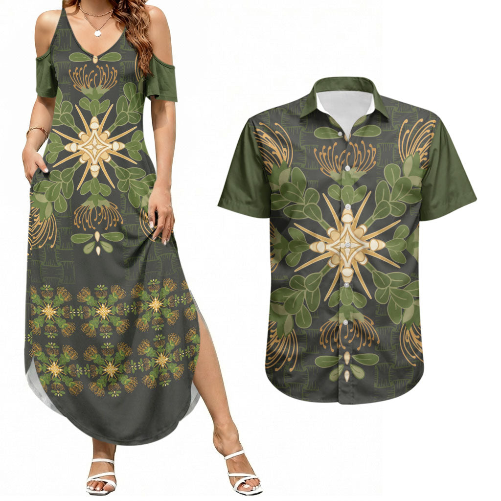 Hawaii Ohia Lehua Squares Couples Matching Summer Maxi Dress and Hawaiian Shirt Hawaiian Quilt Inspired Floral Pattern LT9 Green - Polynesian Pride