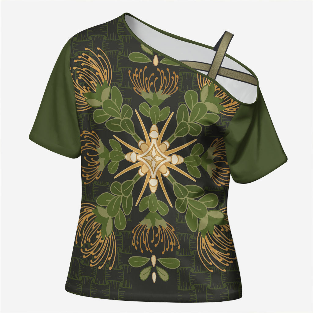 Hawaii Ohia Lehua Squares Cross Shoulder Shirt Hawaiian Quilt Inspired Floral Pattern