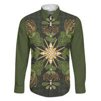 Hawaii Ohia Lehua Squares Family Matching Long Sleeve Bodycon Dress and Hawaiian Shirt Hawaiian Quilt Inspired Floral Pattern LT9 Dad's Shirt - Long Sleeve Green - Polynesian Pride