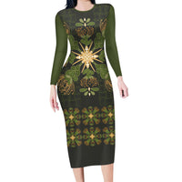 Hawaii Ohia Lehua Squares Family Matching Long Sleeve Bodycon Dress and Hawaiian Shirt Hawaiian Quilt Inspired Floral Pattern LT9 Mom's Dress Green - Polynesian Pride