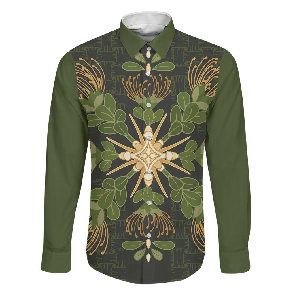 Hawaii Ohia Lehua Squares Family Matching Mermaid Dress and Hawaiian Shirt Hawaiian Quilt Inspired Floral Pattern LT9 Dad's Shirt - Long Sleeve Green - Polynesian Pride
