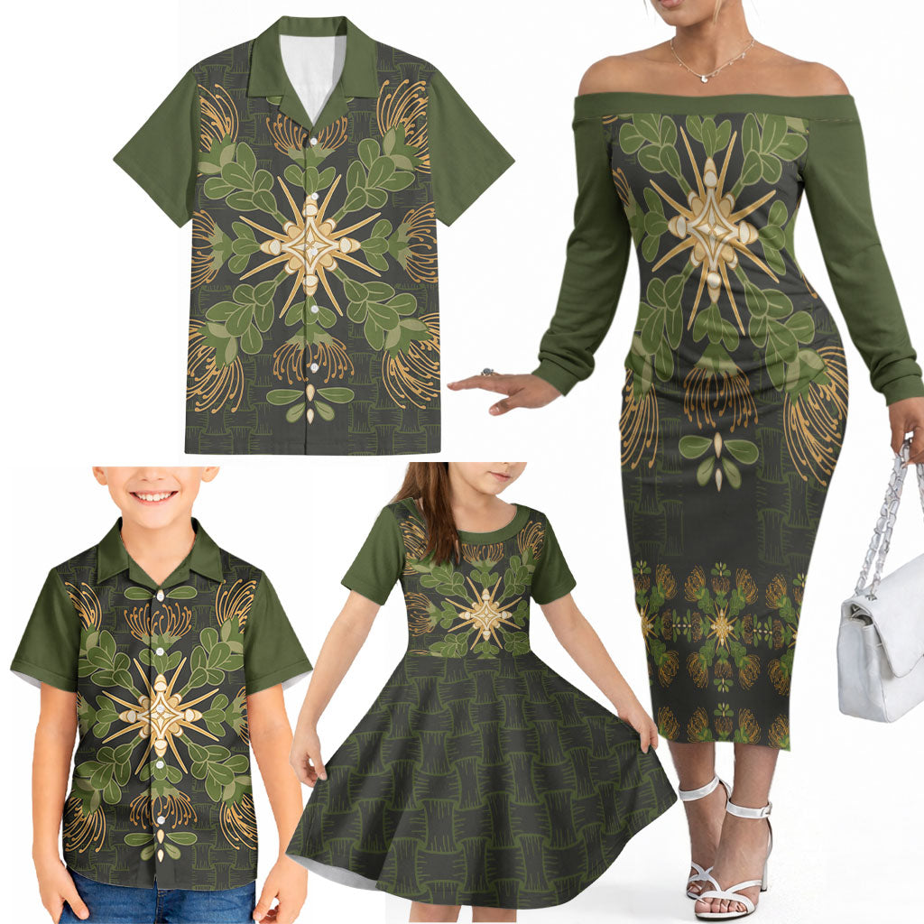 Hawaii Ohia Lehua Squares Family Matching Off The Shoulder Long Sleeve Dress and Hawaiian Shirt Hawaiian Quilt Inspired Floral Pattern LT9 - Polynesian Pride