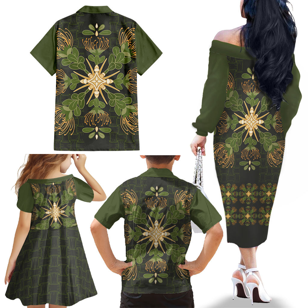 Hawaii Ohia Lehua Squares Family Matching Off The Shoulder Long Sleeve Dress and Hawaiian Shirt Hawaiian Quilt Inspired Floral Pattern LT9 - Polynesian Pride