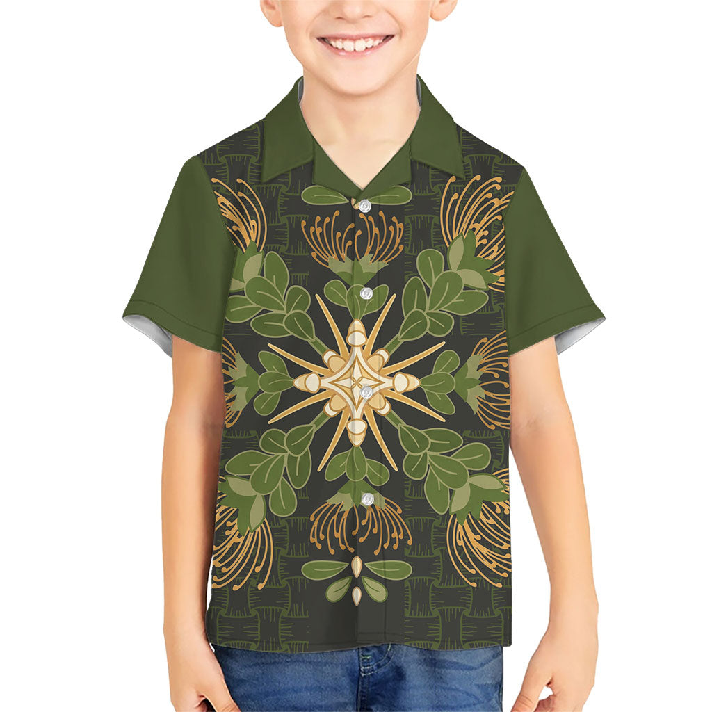 Hawaii Ohia Lehua Squares Family Matching Off The Shoulder Long Sleeve Dress and Hawaiian Shirt Hawaiian Quilt Inspired Floral Pattern LT9 Son's Shirt Green - Polynesian Pride