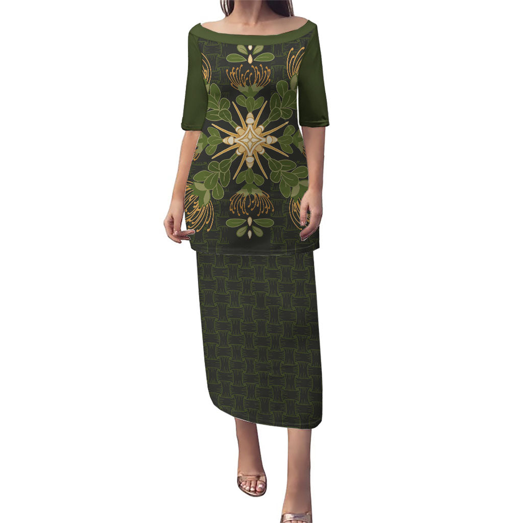 Hawaii Ohia Lehua Squares Family Matching Puletasi and Hawaiian Shirt Hawaiian Quilt Inspired Floral Pattern LT9 Mom's Dress Green - Polynesian Pride