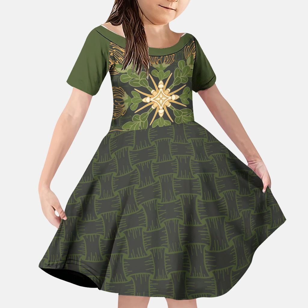 Hawaii Ohia Lehua Squares Family Matching Short Sleeve Bodycon Dress and Hawaiian Shirt Hawaiian Quilt Inspired Floral Pattern LT9 Daughter's Dress Green - Polynesian Pride