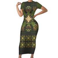 Hawaii Ohia Lehua Squares Family Matching Short Sleeve Bodycon Dress and Hawaiian Shirt Hawaiian Quilt Inspired Floral Pattern LT9 Mom's Dress Green - Polynesian Pride