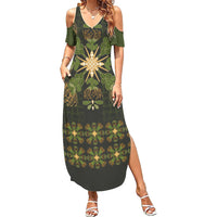 Hawaii Ohia Lehua Squares Family Matching Summer Maxi Dress and Hawaiian Shirt Hawaiian Quilt Inspired Floral Pattern LT9 Mom's Dress Green - Polynesian Pride