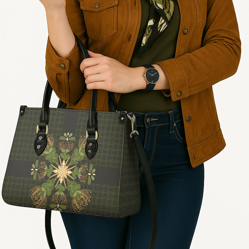 Hawaii Ohia Lehua Squares Leather Bag Hawaiian Quilt Inspired Floral Pattern