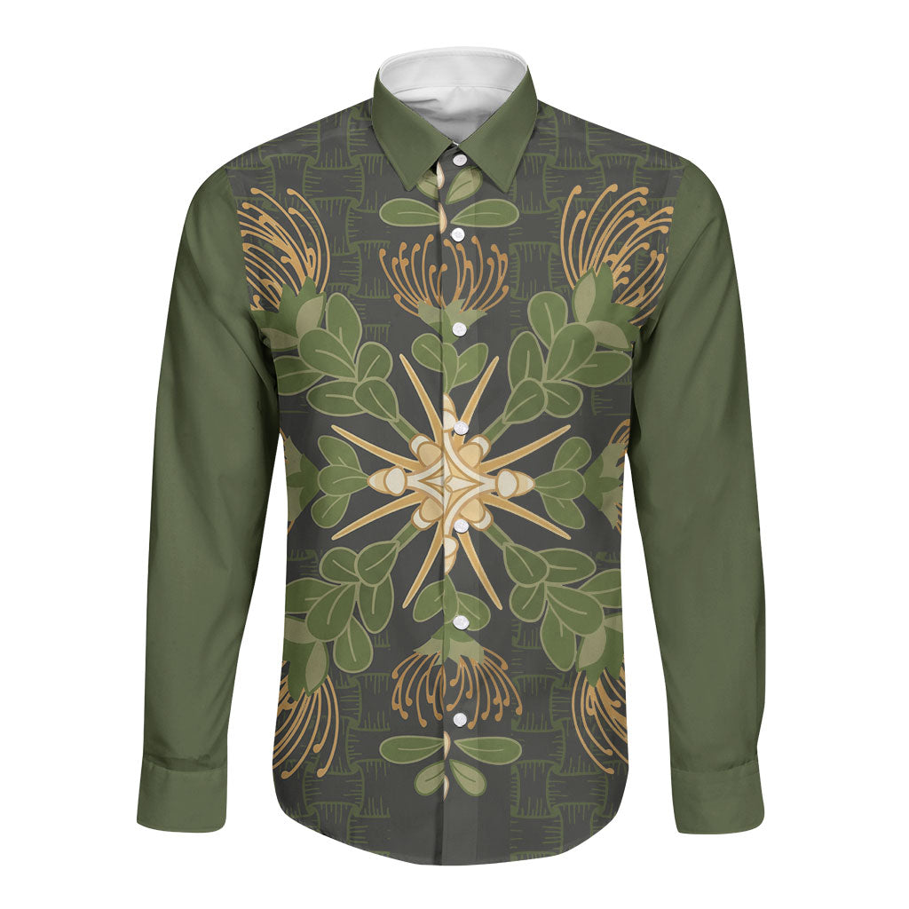 Hawaii Ohia Lehua Squares Long Sleeve Button Shirt Hawaiian Quilt Inspired Floral Pattern LT9 Unisex Green - Polynesian Pride