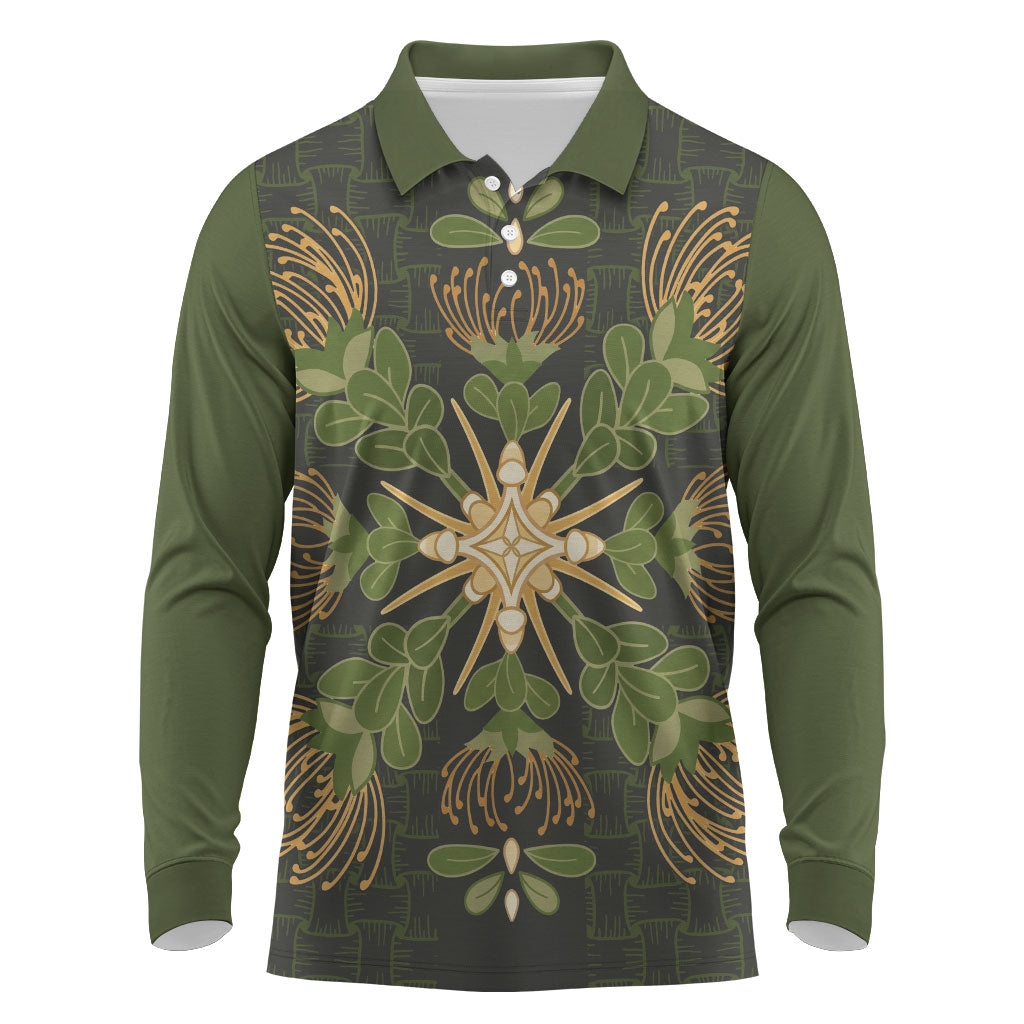 Hawaii Ohia Lehua Squares Long Sleeve Polo Shirt Hawaiian Quilt Inspired Floral Pattern