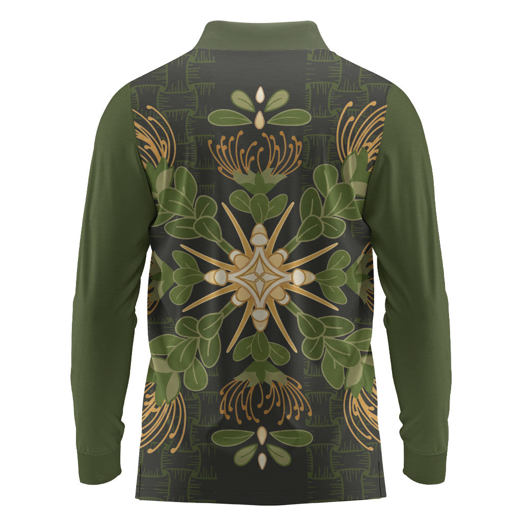 Hawaii Ohia Lehua Squares Long Sleeve Polo Shirt Hawaiian Quilt Inspired Floral Pattern