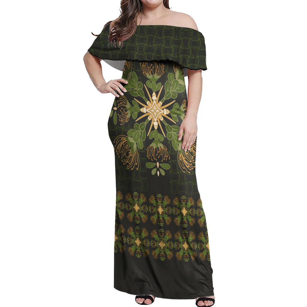 Hawaii Ohia Lehua Squares Off Shoulder Maxi Dress Hawaiian Quilt Inspired Floral Pattern