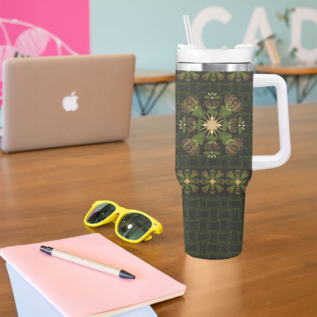 Hawaii Ohia Lehua Squares Tumbler With Handle Hawaiian Quilt Inspired Floral Pattern