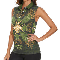 Hawaii Ohia Lehua Squares Women Sleeveless Polo Shirt Hawaiian Quilt Inspired Floral Pattern