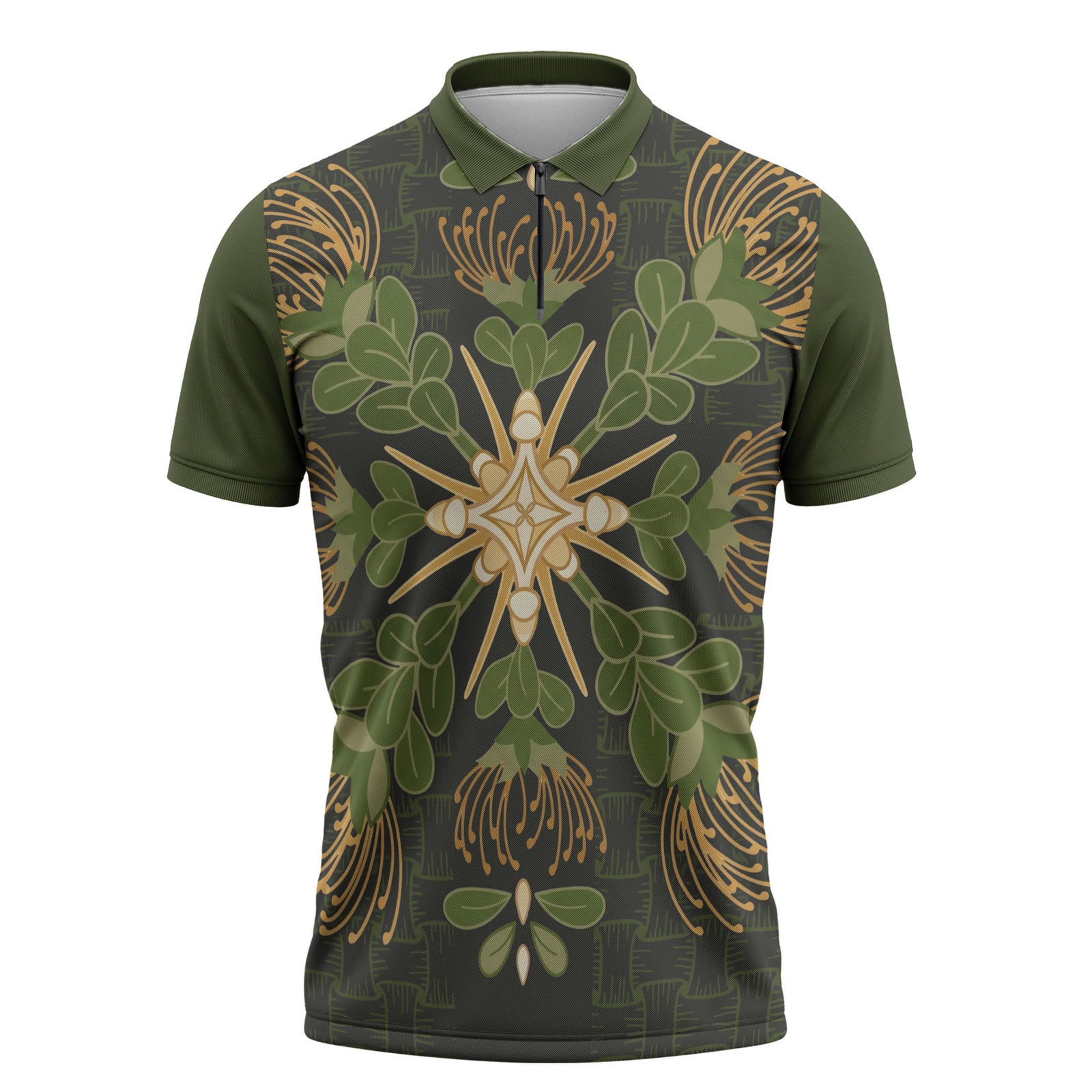 Hawaii Ohia Lehua Squares Zipper Polo Shirt Hawaiian Quilt Inspired Floral Pattern LT9 Green - Polynesian Pride