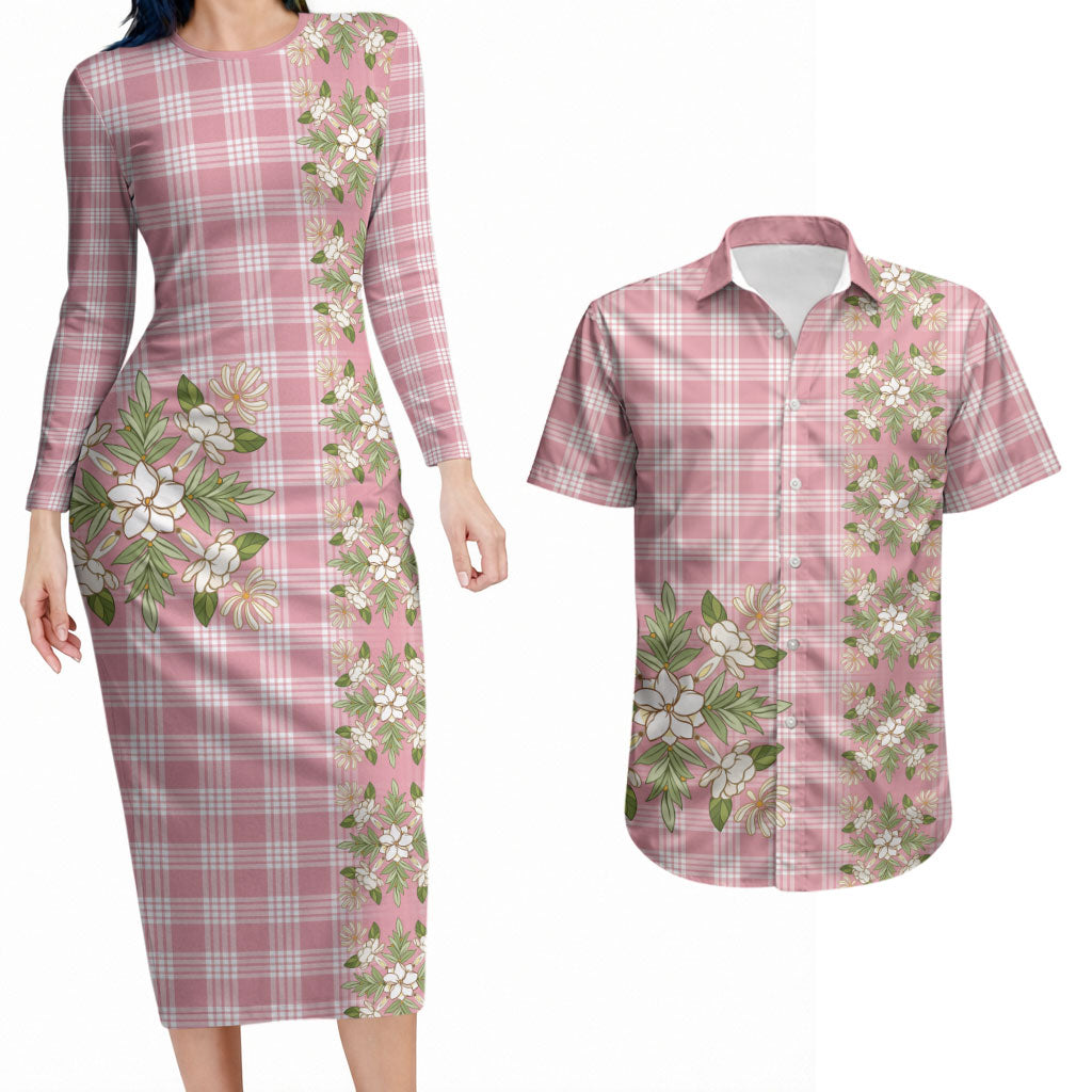 Akala Hamele Hawai'i Palaka Squares Maile Leaf Couples Matching Long Sleeve Bodycon Dress and Hawaiian Shirt Flowers Hawaiian Quilt Patterns