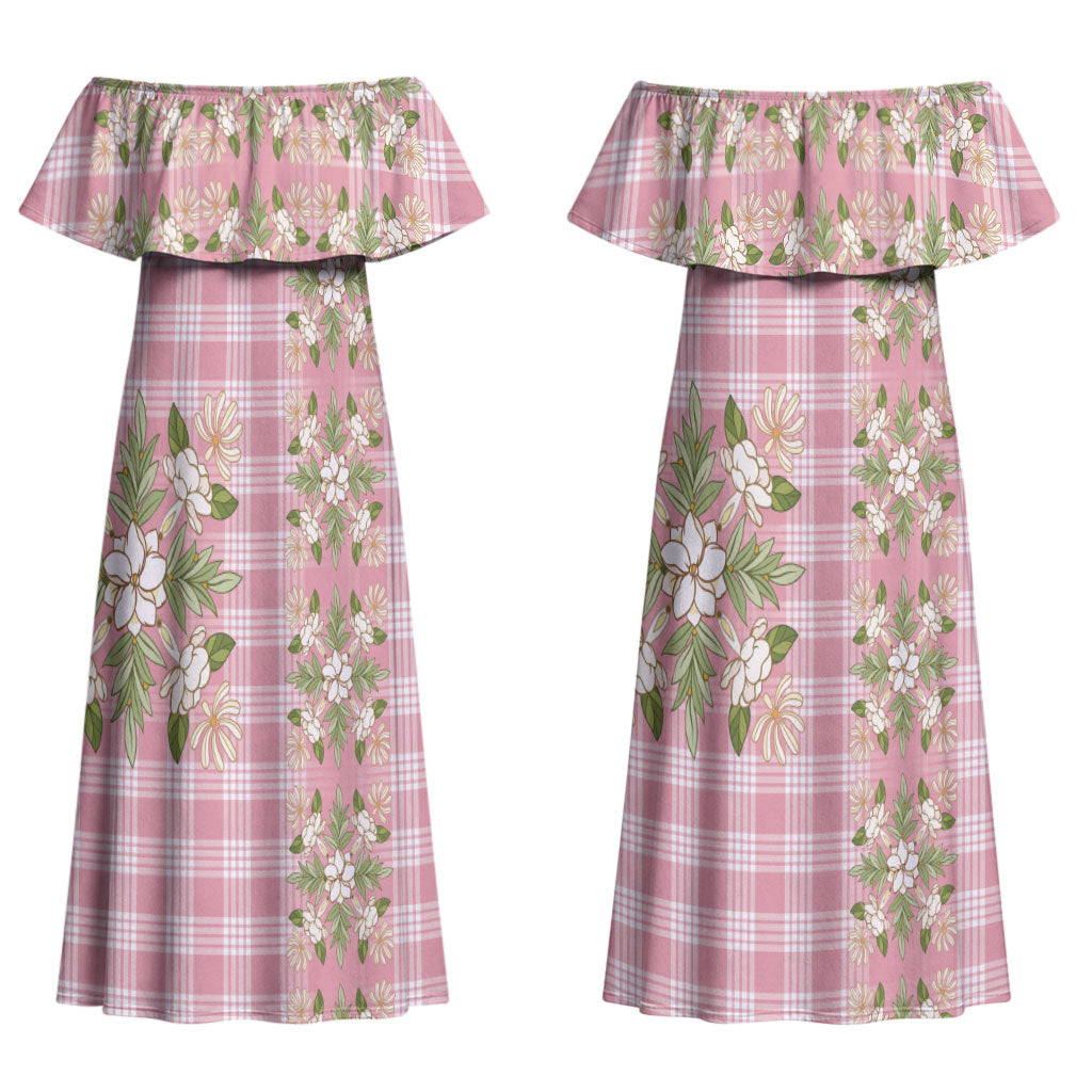 Akala Hamele Hawai'i Palaka Squares Maile Leaf Couples Matching Off Shoulder Maxi Dress and Long Sleeve Button Shirt Flowers Hawaiian Quilt Patterns