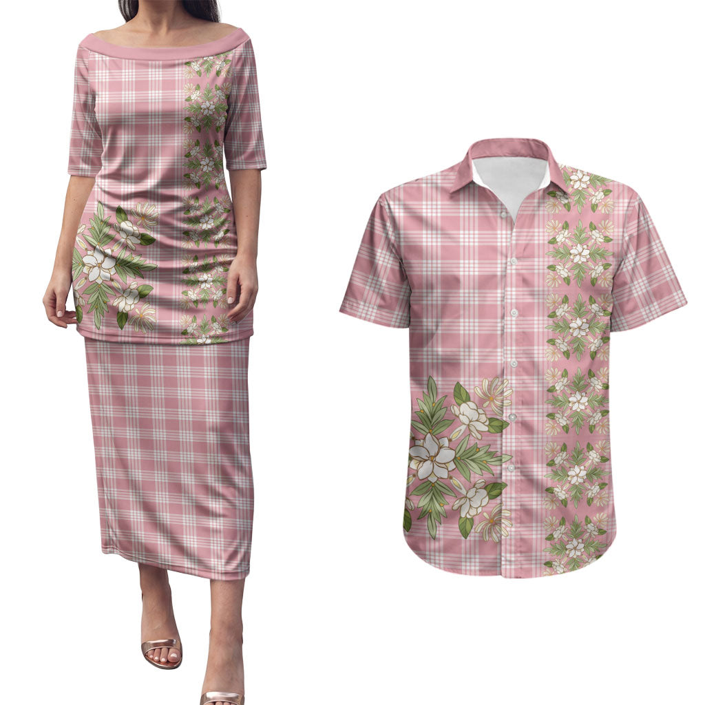 Akala Hamele Hawai'i Palaka Squares Maile Leaf Couples Matching Puletasi and Hawaiian Shirt Flowers Hawaiian Quilt Patterns LT9 Dusty Rose - Polynesian Pride