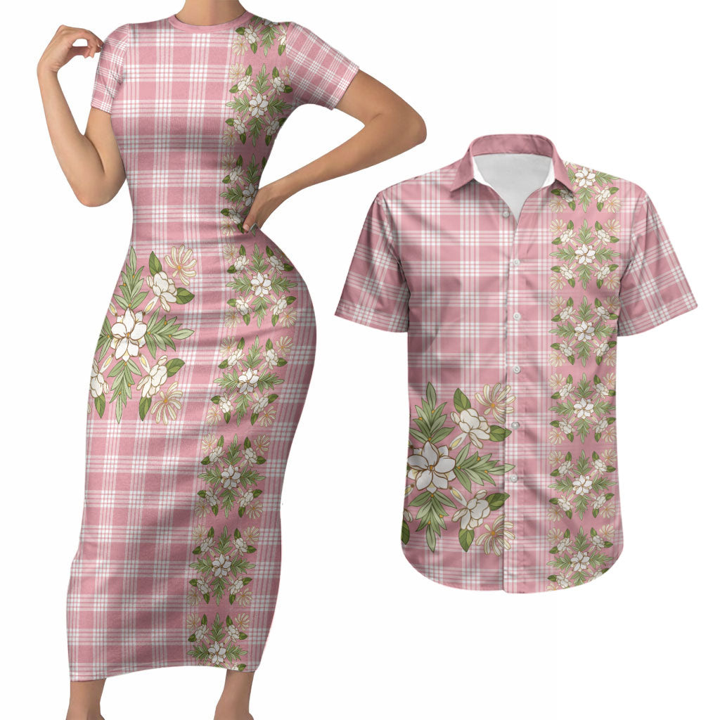 Akala Hamele Hawai'i Palaka Squares Maile Leaf Couples Matching Short Sleeve Bodycon Dress and Hawaiian Shirt Flowers Hawaiian Quilt Patterns LT9 Dusty Rose - Polynesian Pride