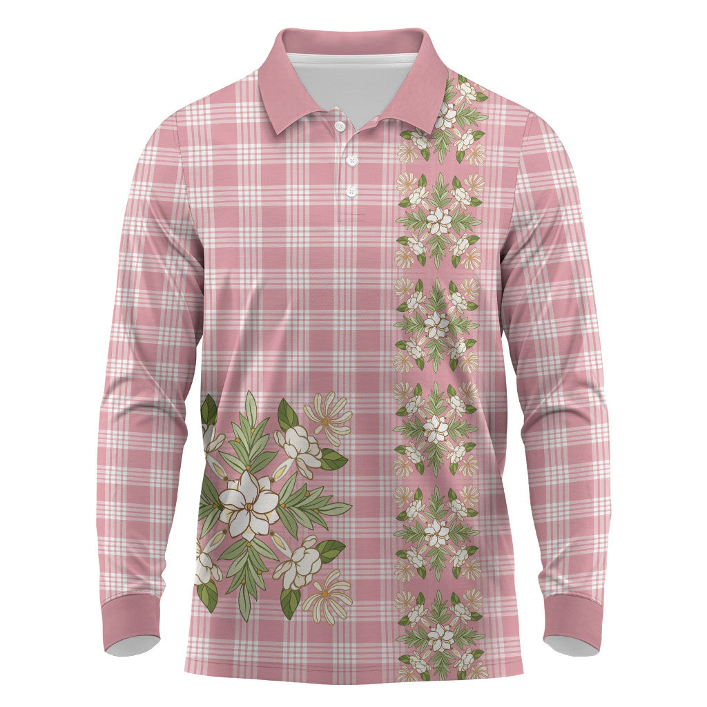 Akala Hamele Hawai'i Palaka Squares Maile Leaf Long Sleeve Polo Shirt Flowers Hawaiian Quilt Patterns LT9 Dusty Rose - Polynesian Pride
