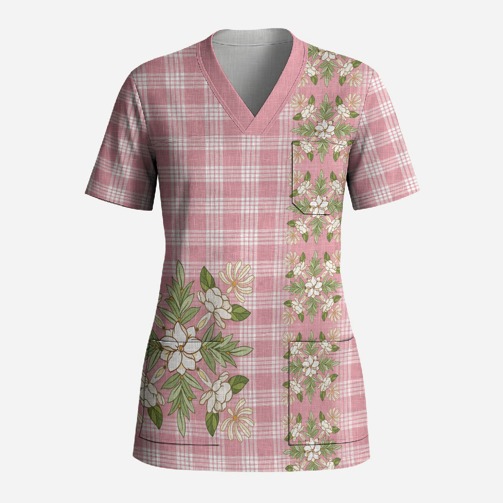 Akala Hamele Hawai'i Palaka Squares Maile Leaf Scrub Top Flowers Hawaiian Quilt Patterns LT9 Adult Dusty Rose - Polynesian Pride