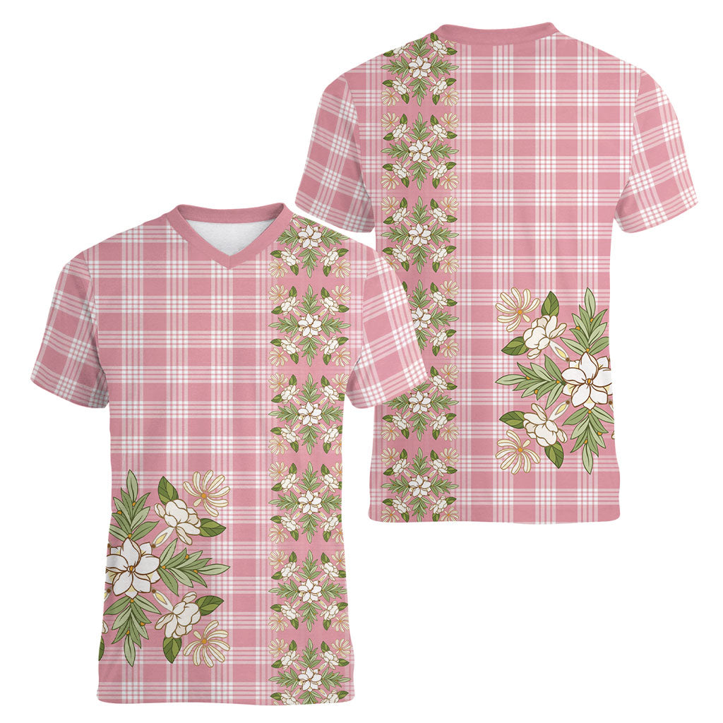 Akala Hamele Hawai'i Palaka Squares Maile Leaf Women V-Neck T-Shirt Flowers Hawaiian Quilt Patterns