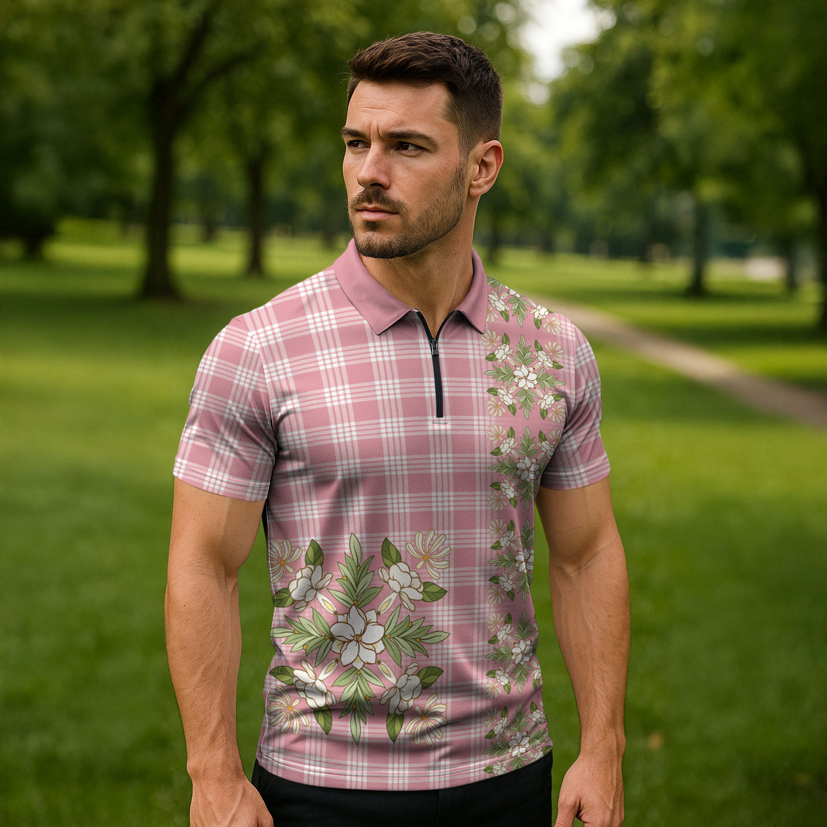Akala Hamele Hawai'i Palaka Squares Maile Leaf Zipper Polo Shirt Flowers Hawaiian Quilt Patterns