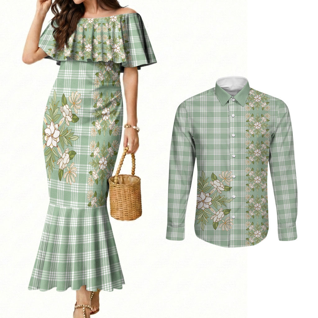 Liko Kukui Hawai'i Palaka Squares Maile Leaf Couples Matching Mermaid Dress and Long Sleeve Button Shirt Flowers Hawaiian Quilt Patterns