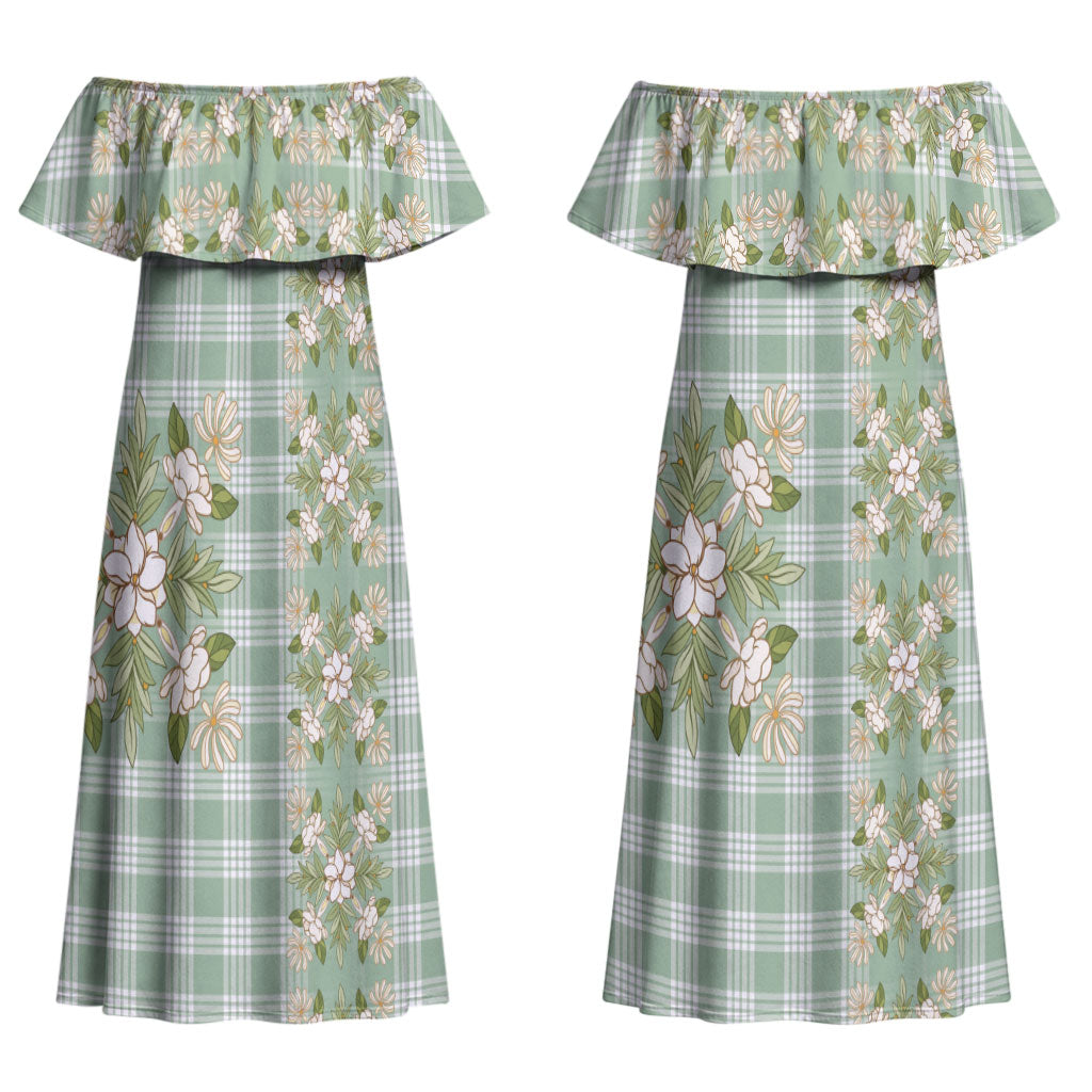 Liko Kukui Hawai'i Palaka Squares Maile Leaf Couples Matching Off Shoulder Maxi Dress and Hawaiian Shirt Flowers Hawaiian Quilt Patterns