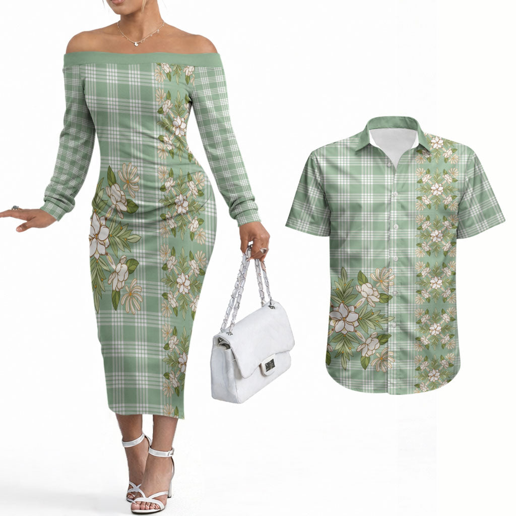 Liko Kukui Hawai'i Palaka Squares Maile Leaf Couples Matching Off The Shoulder Long Sleeve Dress and Hawaiian Shirt Flowers Hawaiian Quilt Patterns LT9 Sage Green - Polynesian Pride