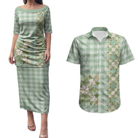 Liko Kukui Hawai'i Palaka Squares Maile Leaf Couples Matching Puletasi and Hawaiian Shirt Flowers Hawaiian Quilt Patterns